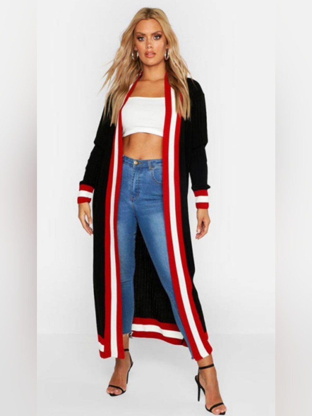 Boohoo Plus Size Black Long Open-Front Cardigan with Red & White Stripe Trim 18